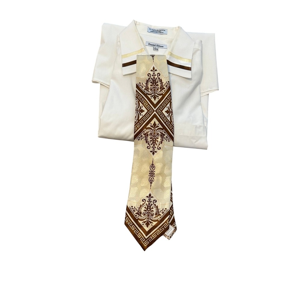 Daniel Ellissa Mens Dress Shirt 17 1/2‎ 34 35 Cream Brown Patterned Collar w/Tie